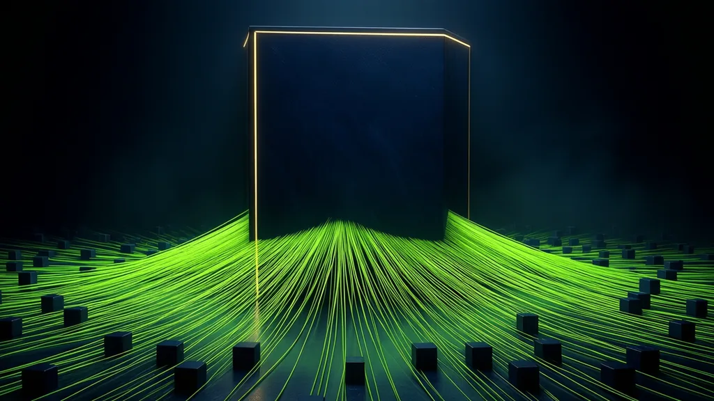 A single tall slab with light threads running out to dozens of identical small blocks