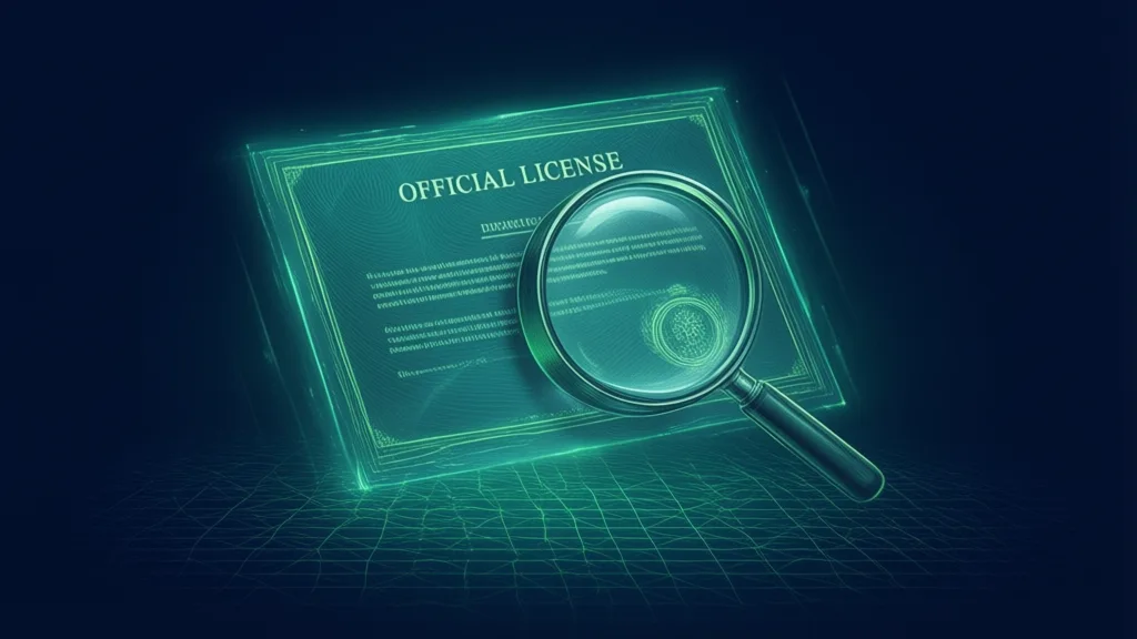 Magnifying glass inspecting an online casino licence certificate
