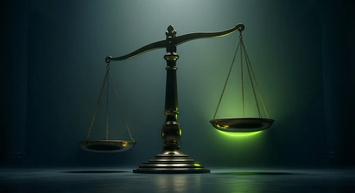 A brass balance scale hanging a fraction off level, one pan lit from below in green