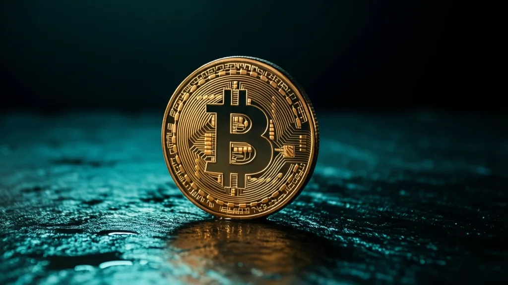 A bitcoin coin standing on a dark wet slate surface