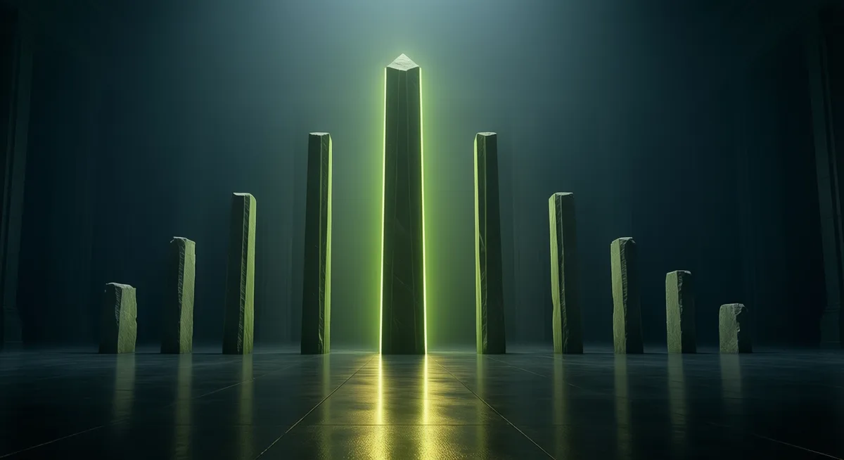 Eleven stone monoliths rising to a peak in the centre, the distribution of two dice drawn as architecture