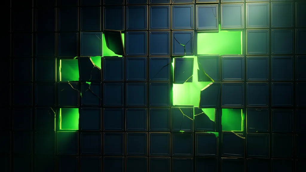 A grid of blank plaques with several broken away, light showing through the gaps