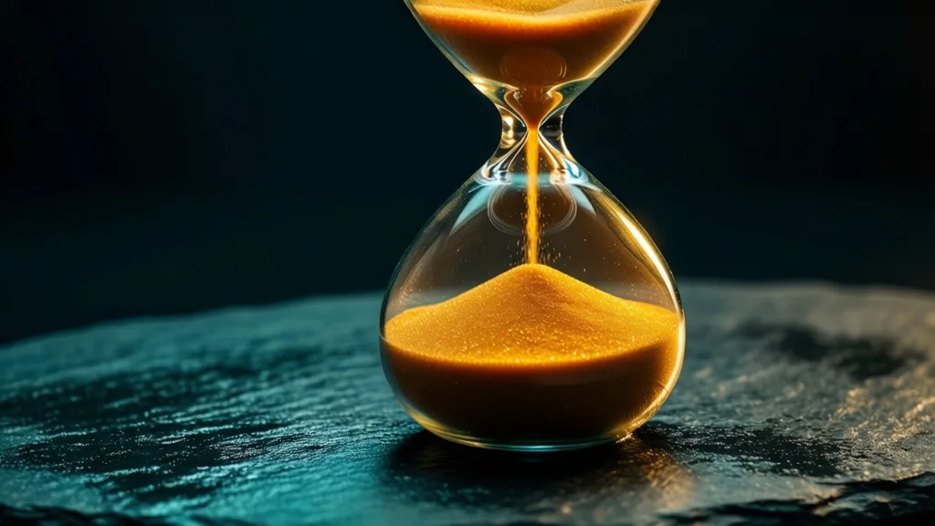 An hourglass with amber sand running out, on dark slate