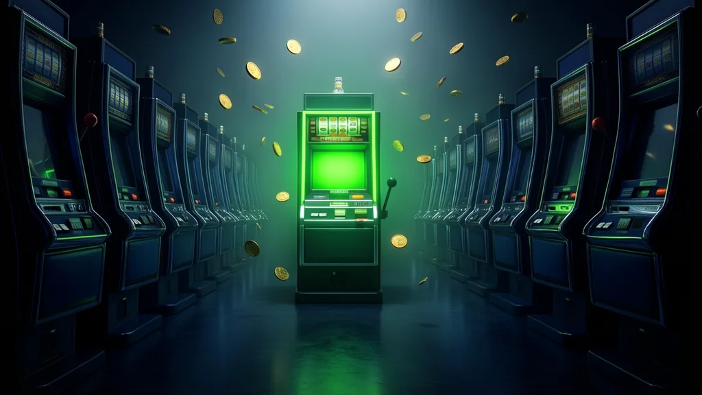 A row of dark slot cabinets with a single one lit, the shape of the loose-slot myth