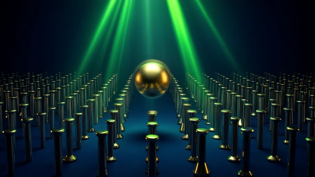 A grid of pegs with a single ball falling through it, the shape that decides every Plinko result