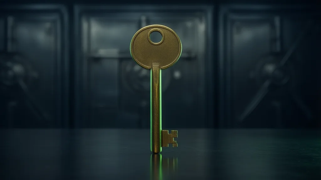 A single brass key in focus in front of a row of closed, blurred vault doors