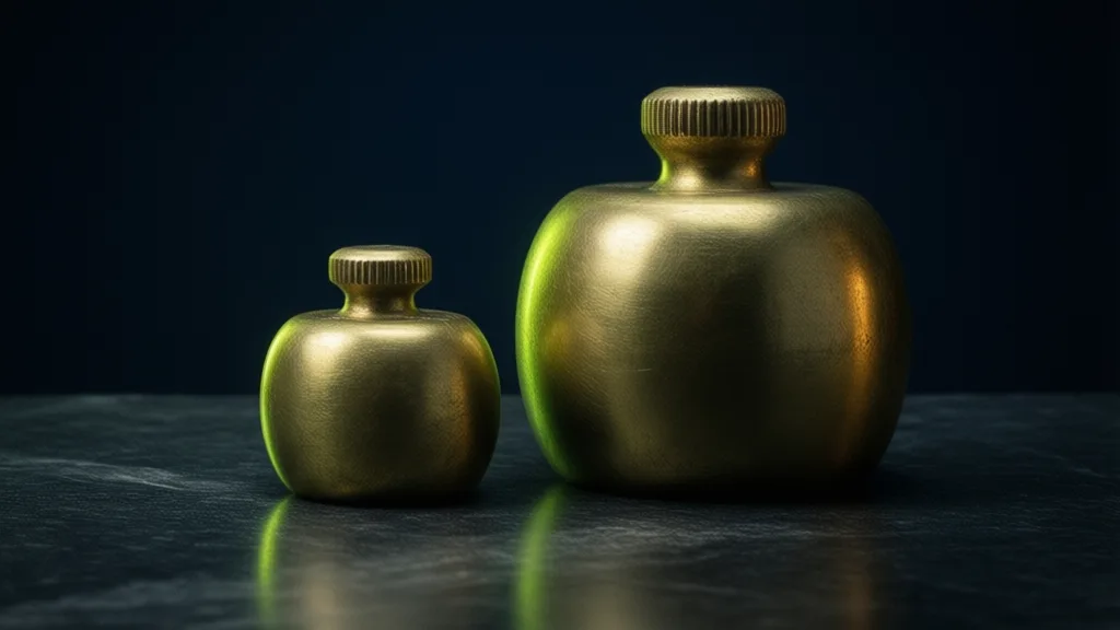 Two brass weights of very different sizes on a dark surface