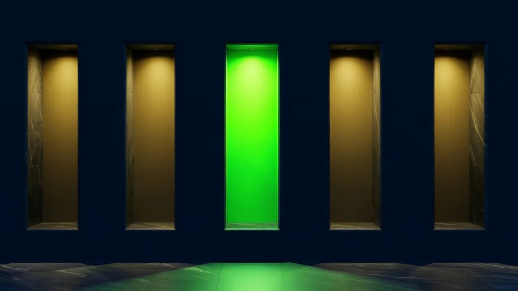 Five identical narrow alcoves cut into a dark wall, four lit gold and the middle one glowing green