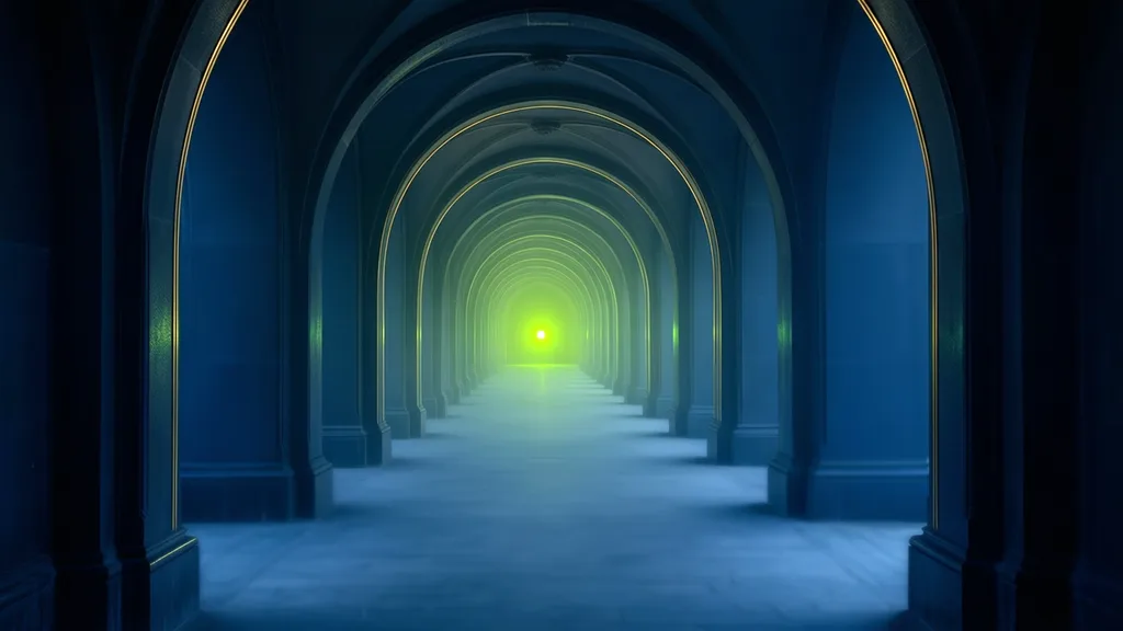 A long colonnade of identical arches receding toward a single distant green light